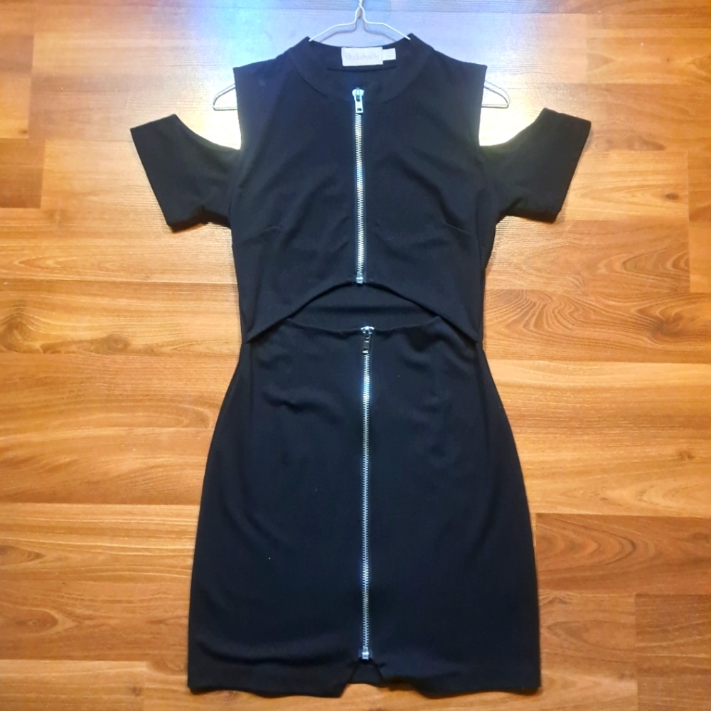 RARE Designer Shakuhachi Black Cut Out Zipper Fitted Black Mini Dress Gothic